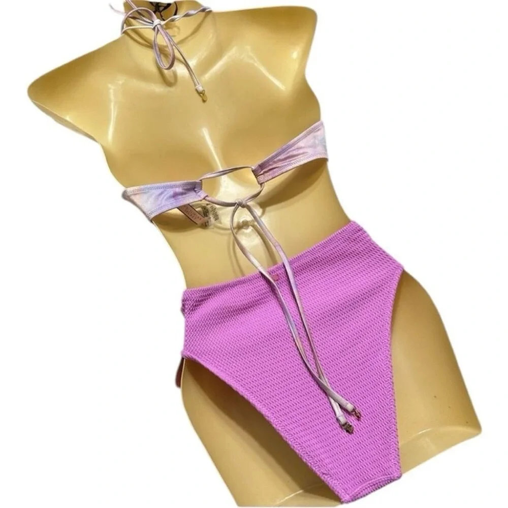Victoria's Secret The Wave Bikini Set Purple Tie Dye Halter Top Crinkle Bottom M